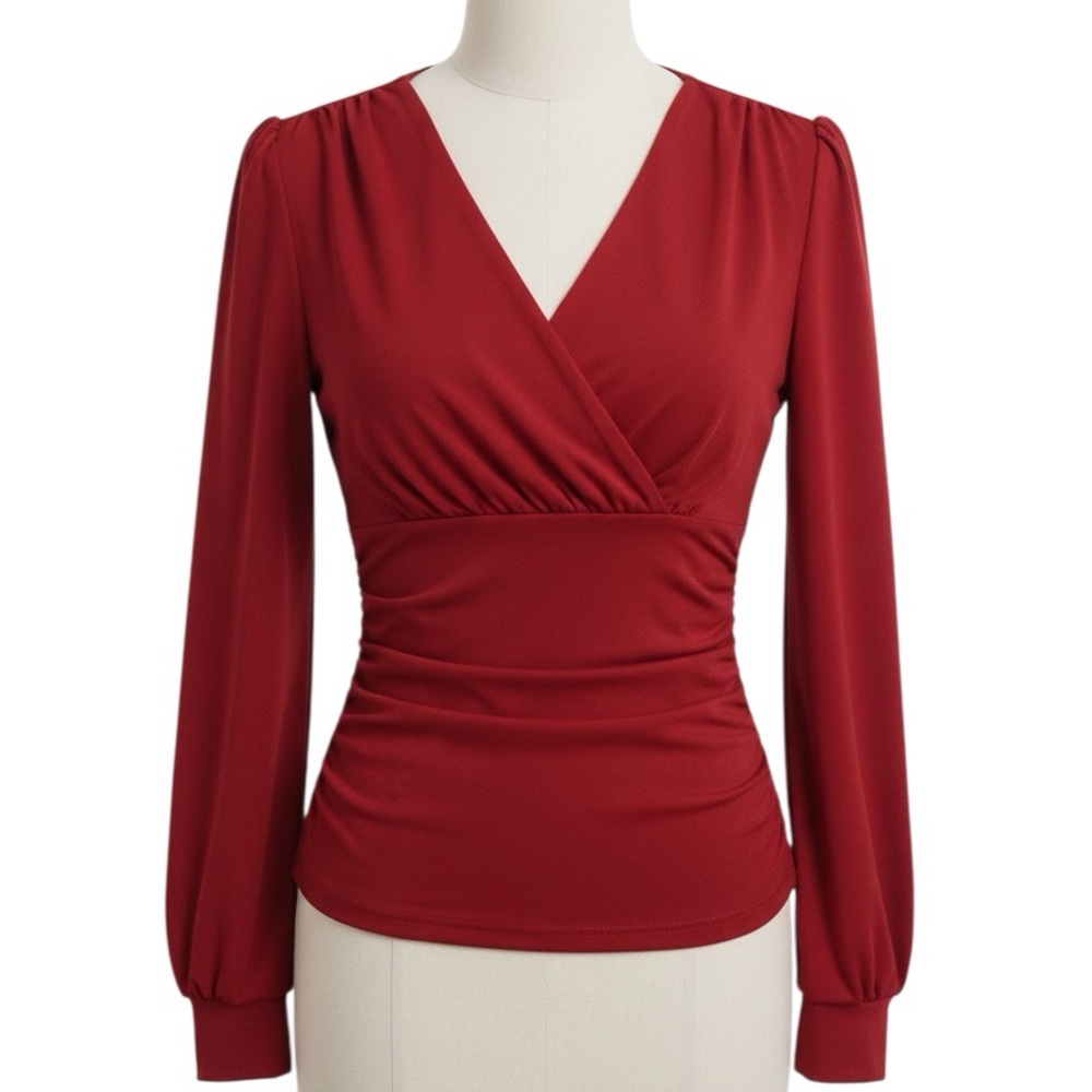 • Chic Red Wrap Blouse •